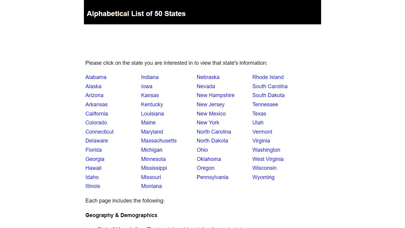 Alphabetical List Of 50 States - 1Keydata